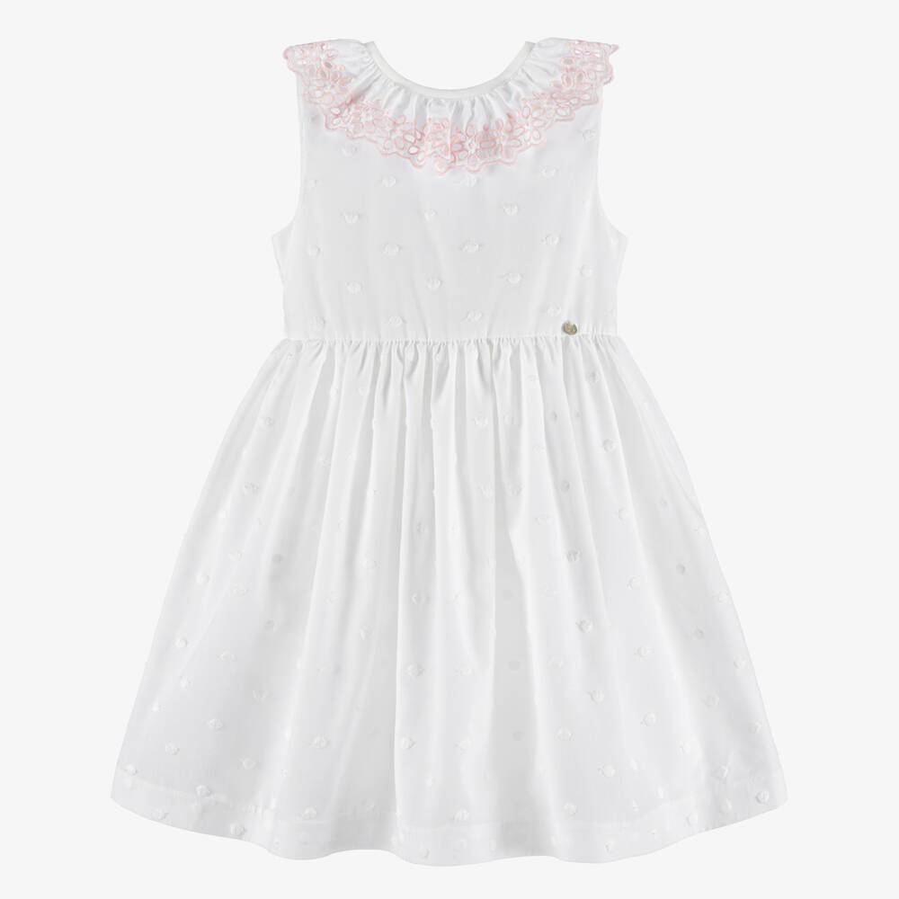Piccola Speranza-Girls White & Pink Cotton Embroidered Polka Dot Dress | Childrensalon Outlet