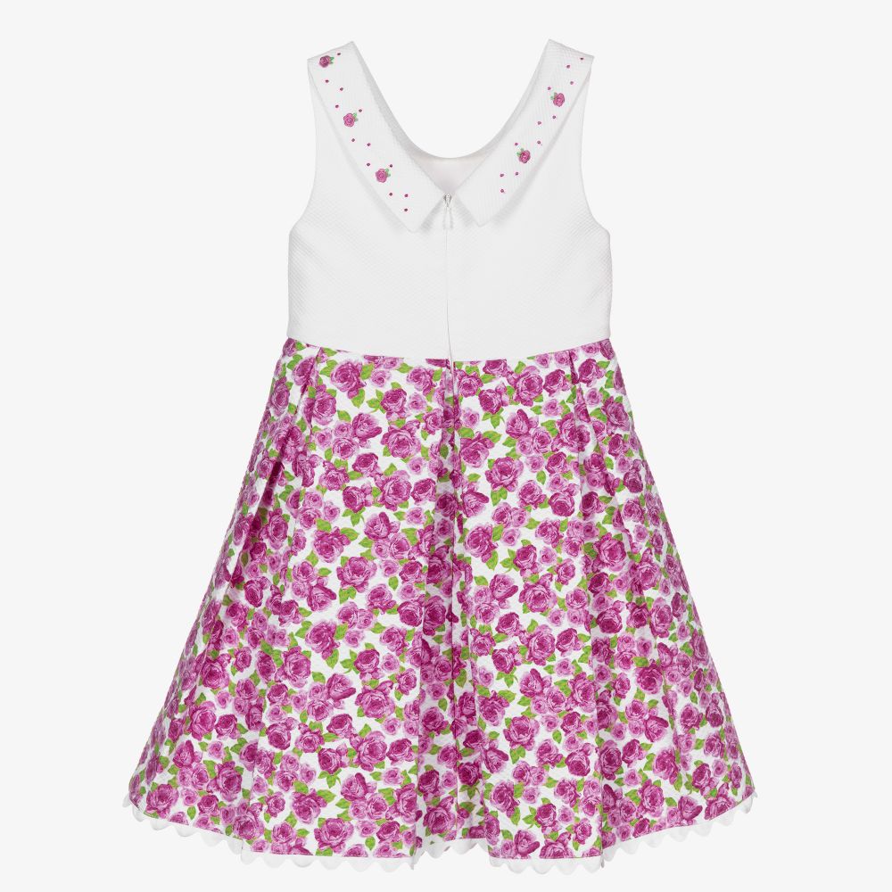 Piccola Speranza-فستان قطن لون أبيض وزهري بطبعة ورود | Childrensalon Outlet