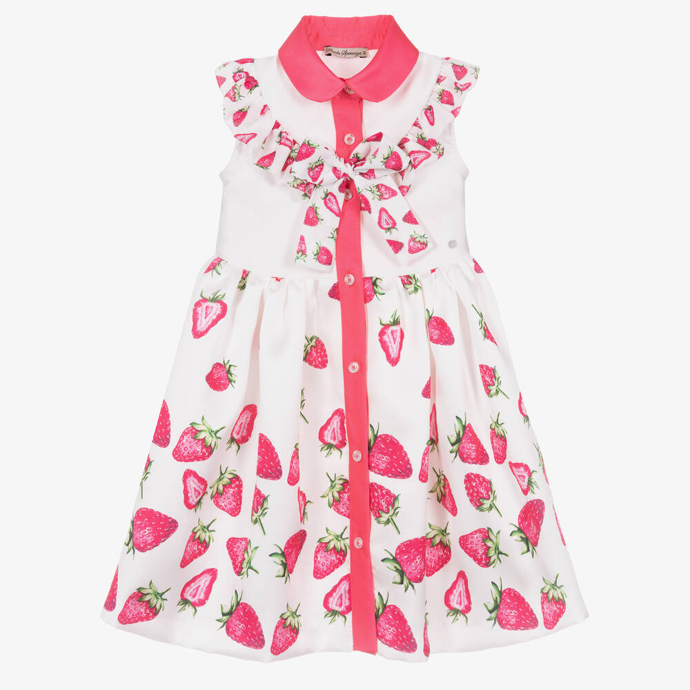 Piccola Speranza - Girls White & Pink Strawberry Dress | Childrensalon