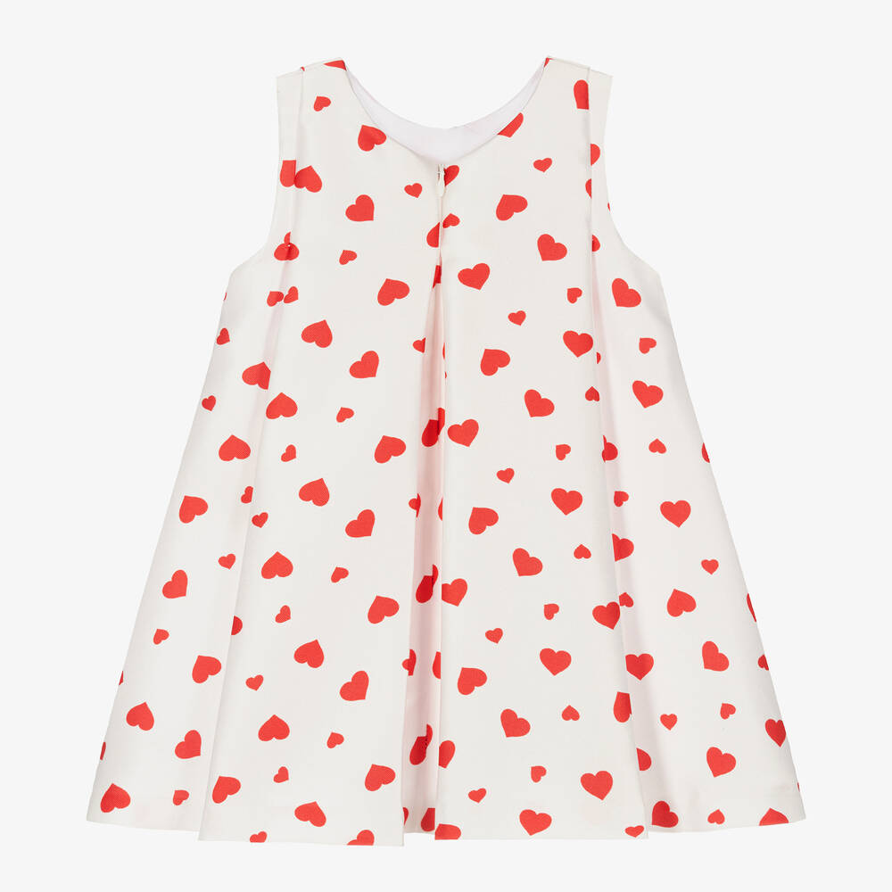 Piccola Speranza-فستان بطبعة قلوب ساتان تويل لون أبيض وأحمر | Childrensalon Outlet