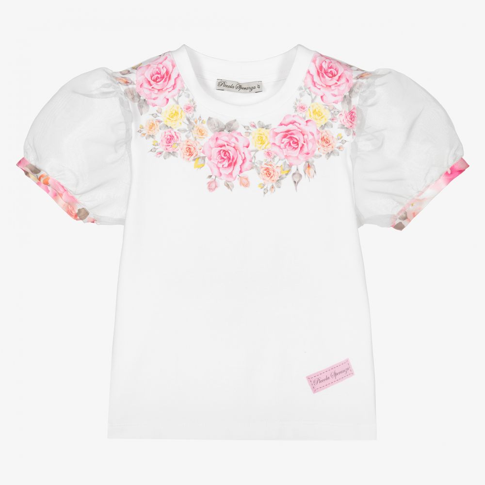 Piccola Speranza - Girls White Roses T-Shirt | Childrensalon
