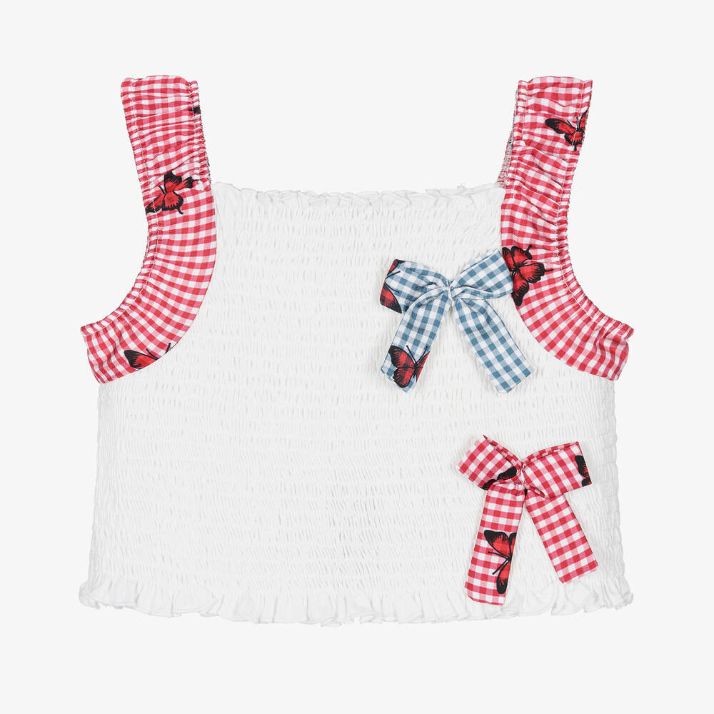 Piccola Speranza-Girls White Shirred Gingham Trim Top | Childrensalon Outlet