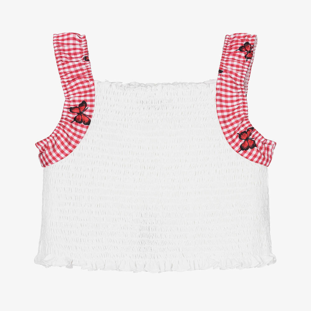 Piccola Speranza-Girls White Shirred Gingham Trim Top | Childrensalon Outlet