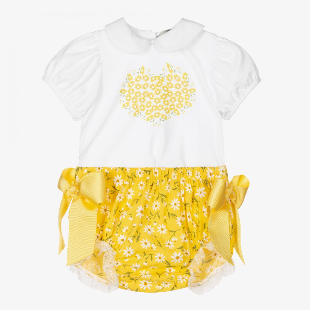 Piccola Speranza - طقم شورت أطفال بناتي قطن عضوي لون أصفر وأبيض | Childrensalon