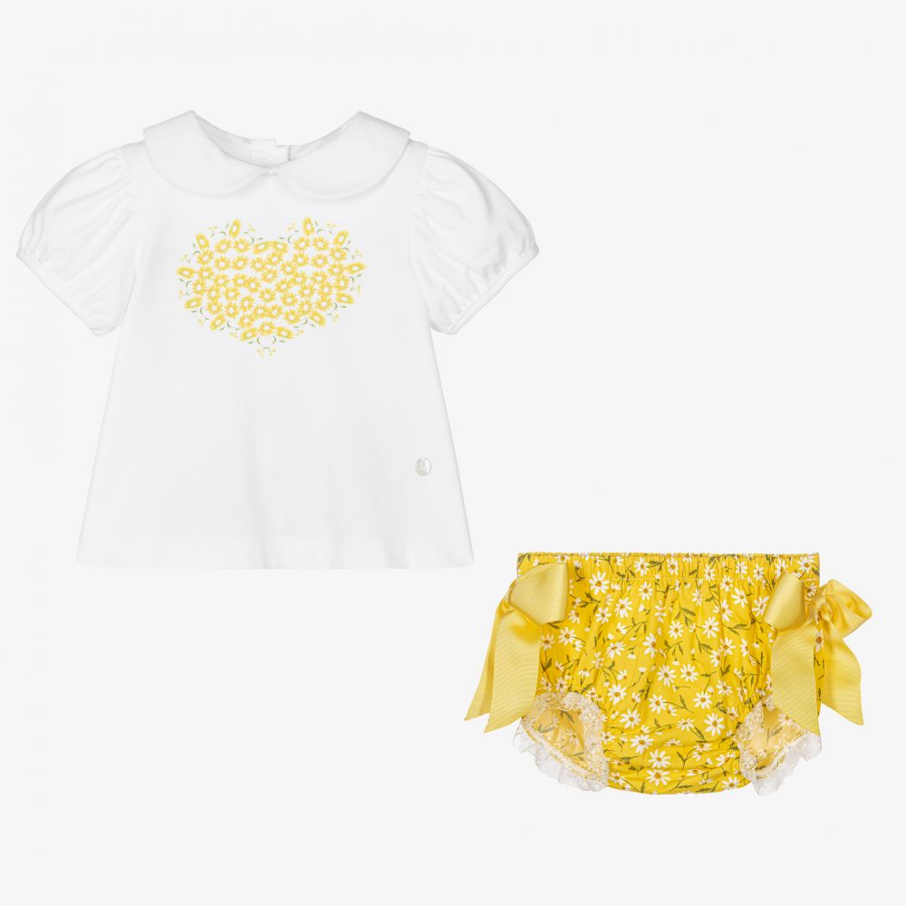 بيكولا سبيرانزا-طقم شورت أطفال بناتي قطن عضوي لون أصفر وأبيض | Childrensalon Outlet