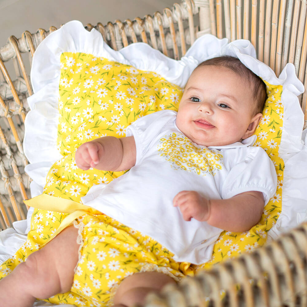 بيكولا سبيرانزا-طقم شورت أطفال بناتي قطن عضوي لون أصفر وأبيض | Childrensalon Outlet