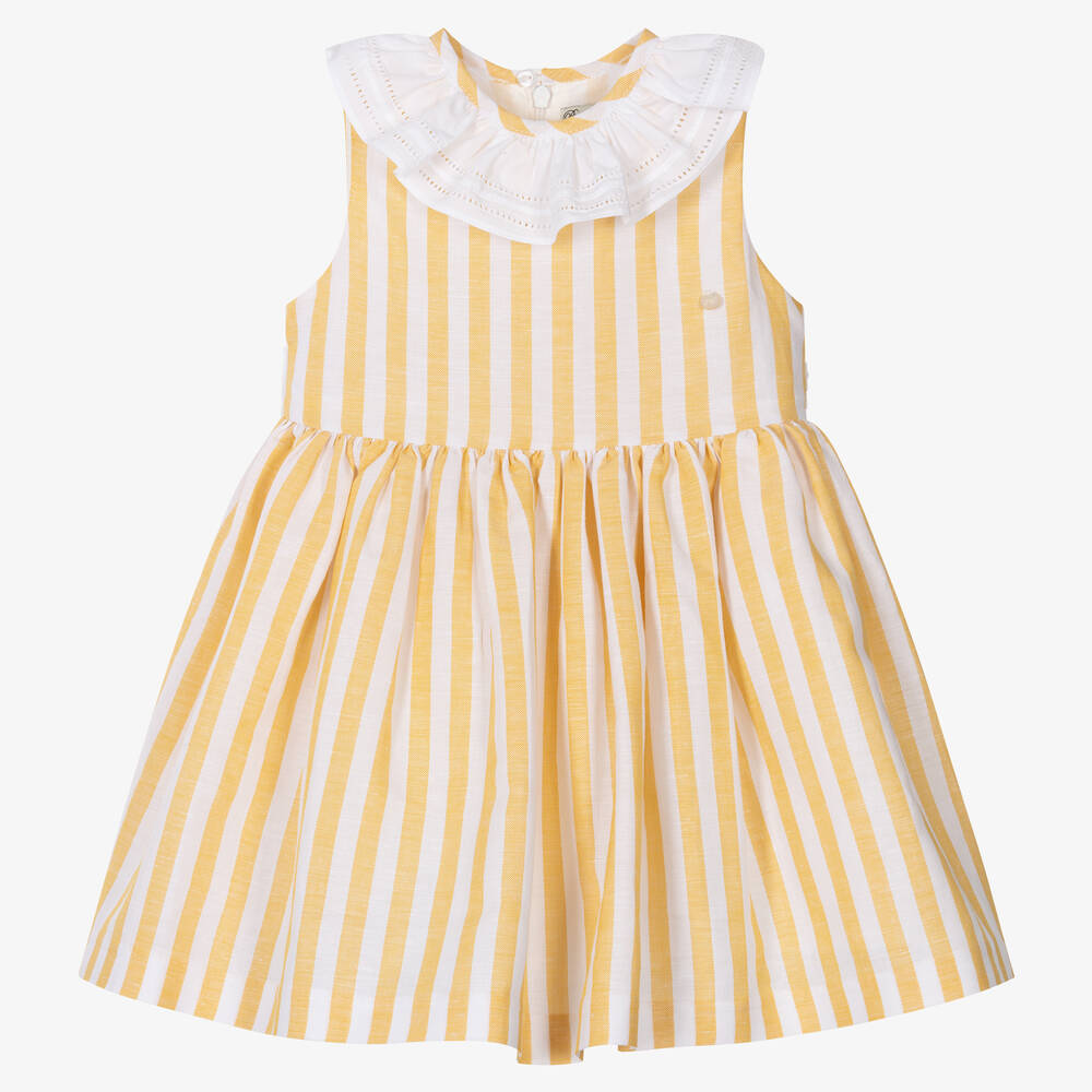 Piccola Speranza - Robe jaune rayée lin et coton fille | Childrensalon