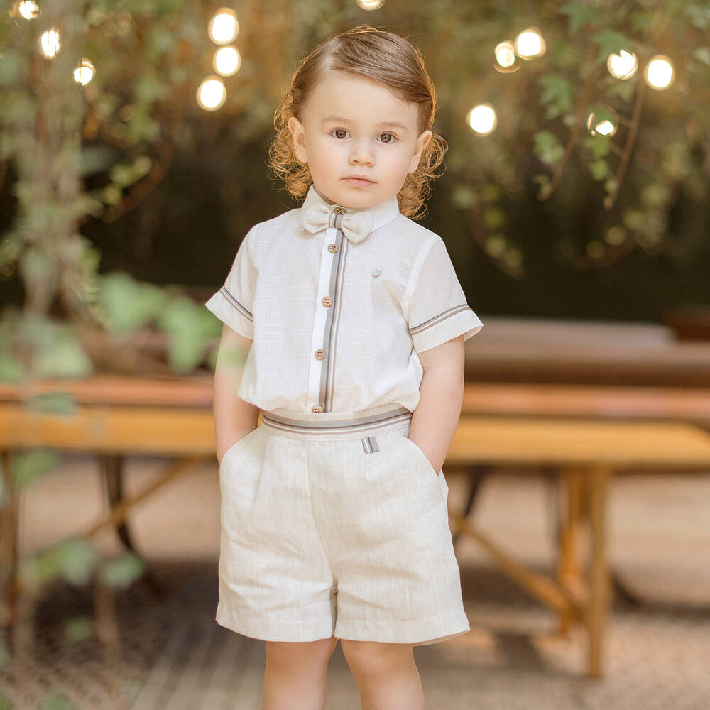 Piccola Speranza-طقم شورت 3 قطع قطن وكتّان لون بيج وعاجي | Childrensalon Outlet