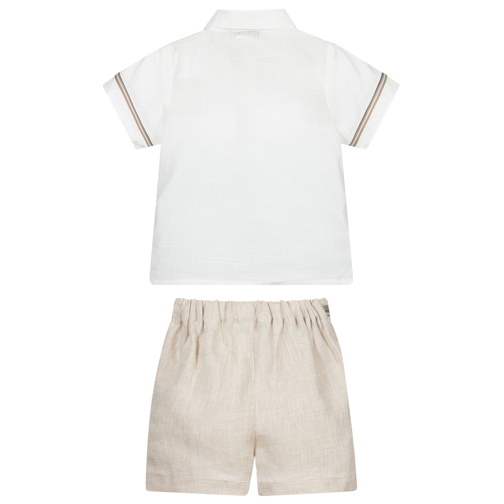 Piccola Speranza-طقم شورت 3 قطع قطن وكتّان لون بيج وعاجي | Childrensalon Outlet