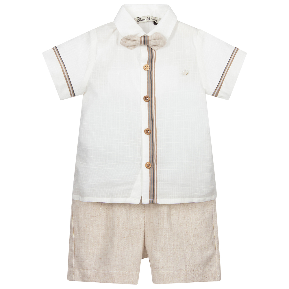 Piccola Speranza - Ivory & Beige Linen Shorts Set | Childrensalon