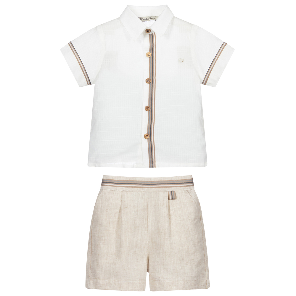 Piccola Speranza-طقم شورت 3 قطع قطن وكتّان لون بيج وعاجي | Childrensalon Outlet