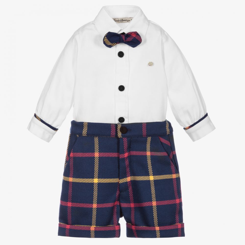 Piccola Speranza-Navy Blue Check Shorts Set | Childrensalon Outlet
