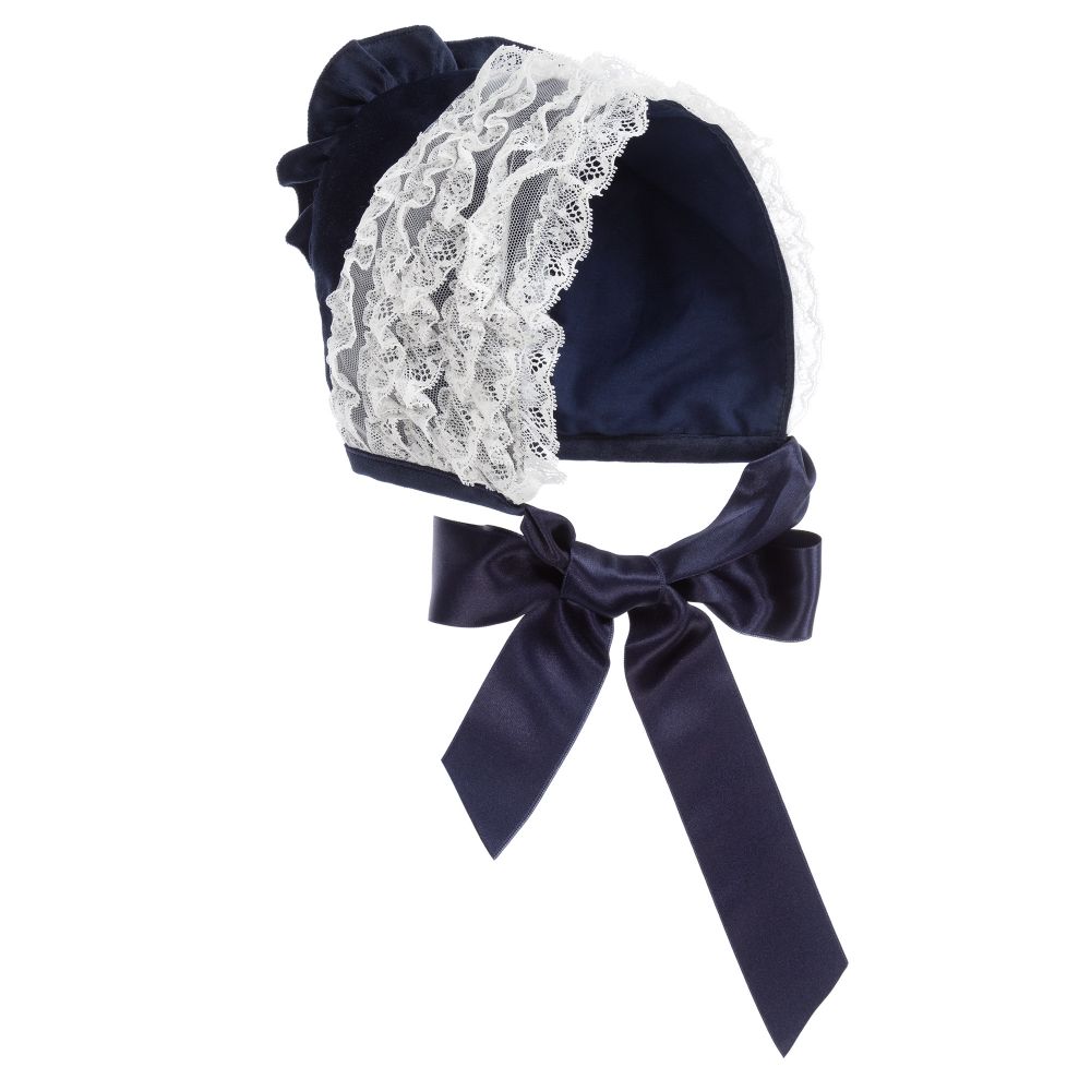Piccola Speranza - Bonnet bleu marine en velours et en dentelle | Childrensalon