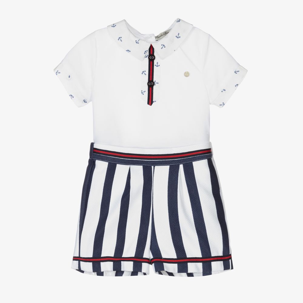 Piccola Speranza - White & Blue Cotton Shorts Set | Childrensalon
