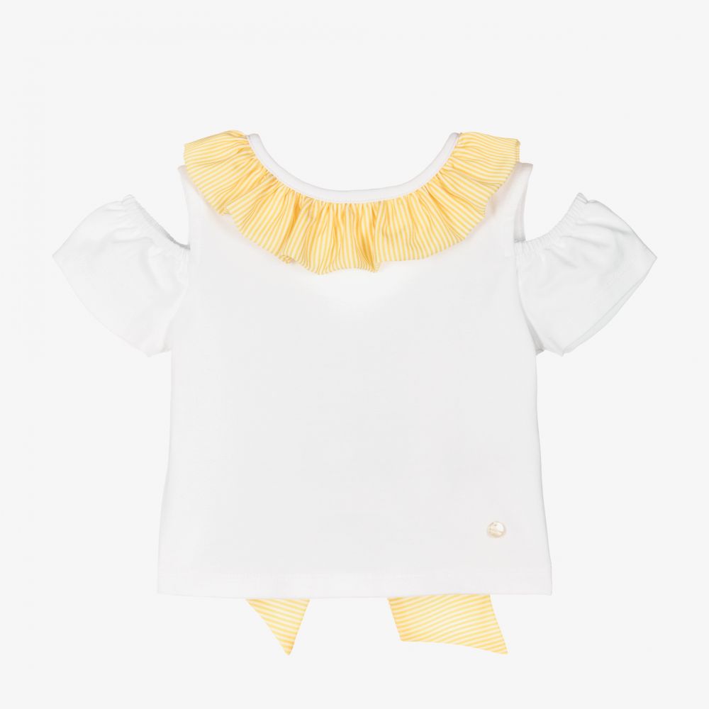 Piccola Speranza - White Cotton Yellow Ruffle Top | Childrensalon