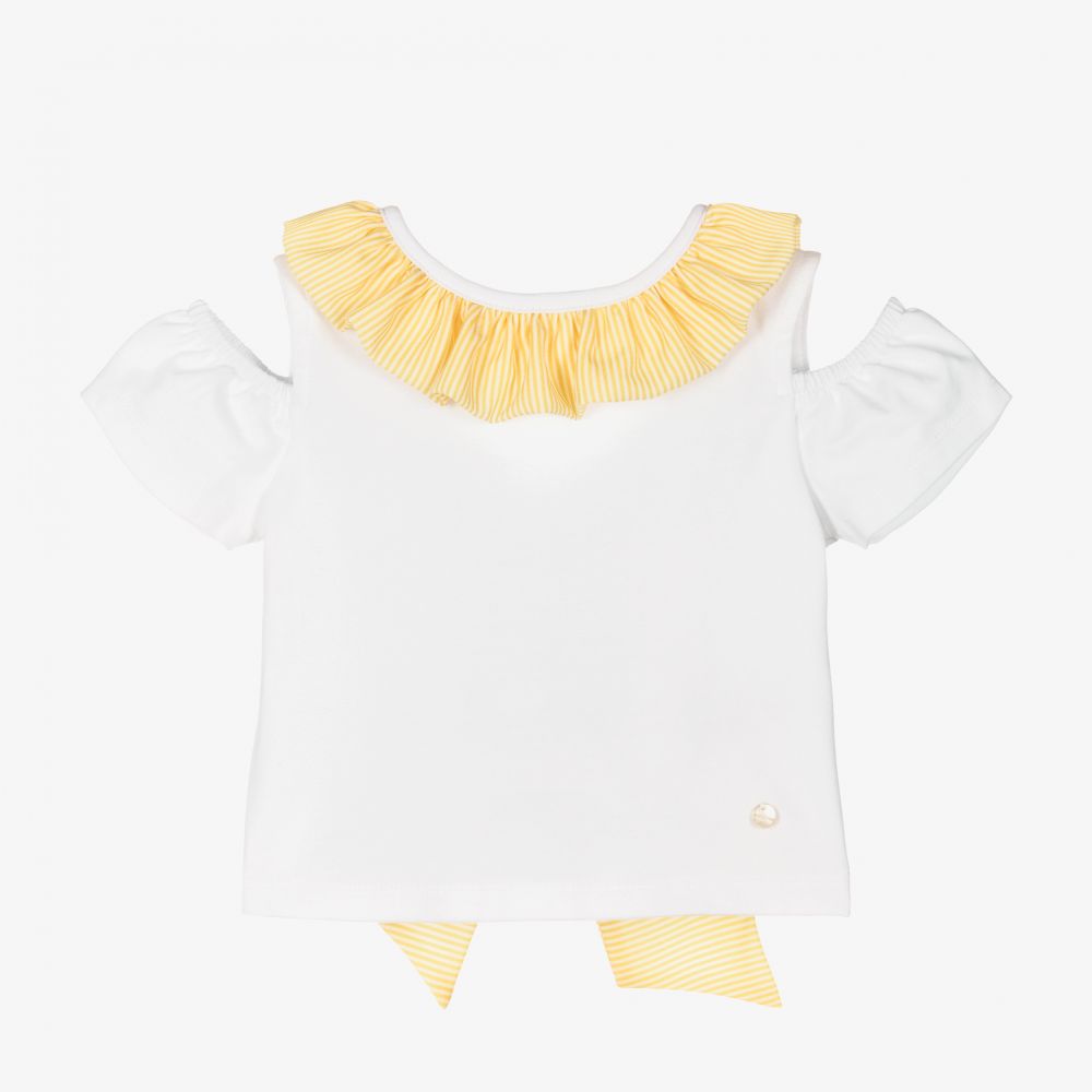 Piccola Speranza-White Cotton Yellow Ruffle Top | Childrensalon Outlet