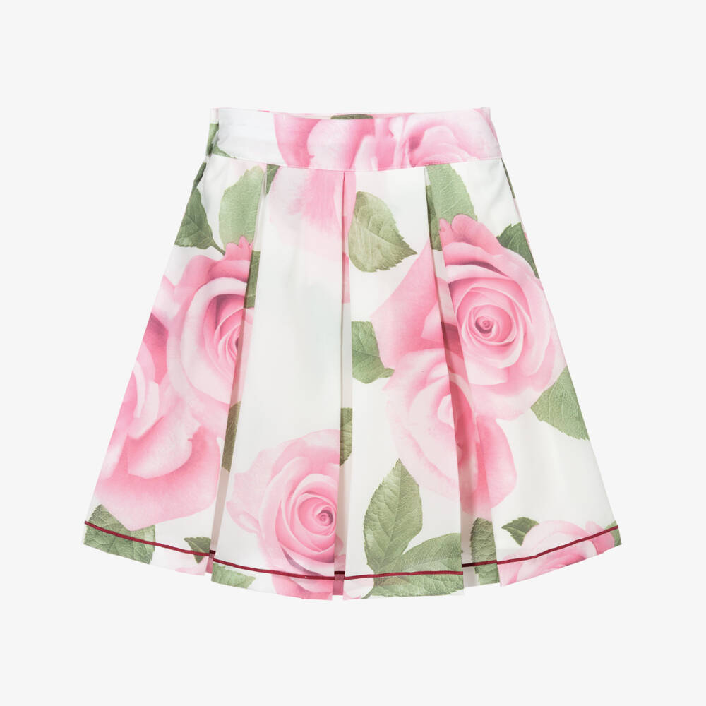 Piccola Speranza-White & Pink Rose Print Skirt | Childrensalon Outlet