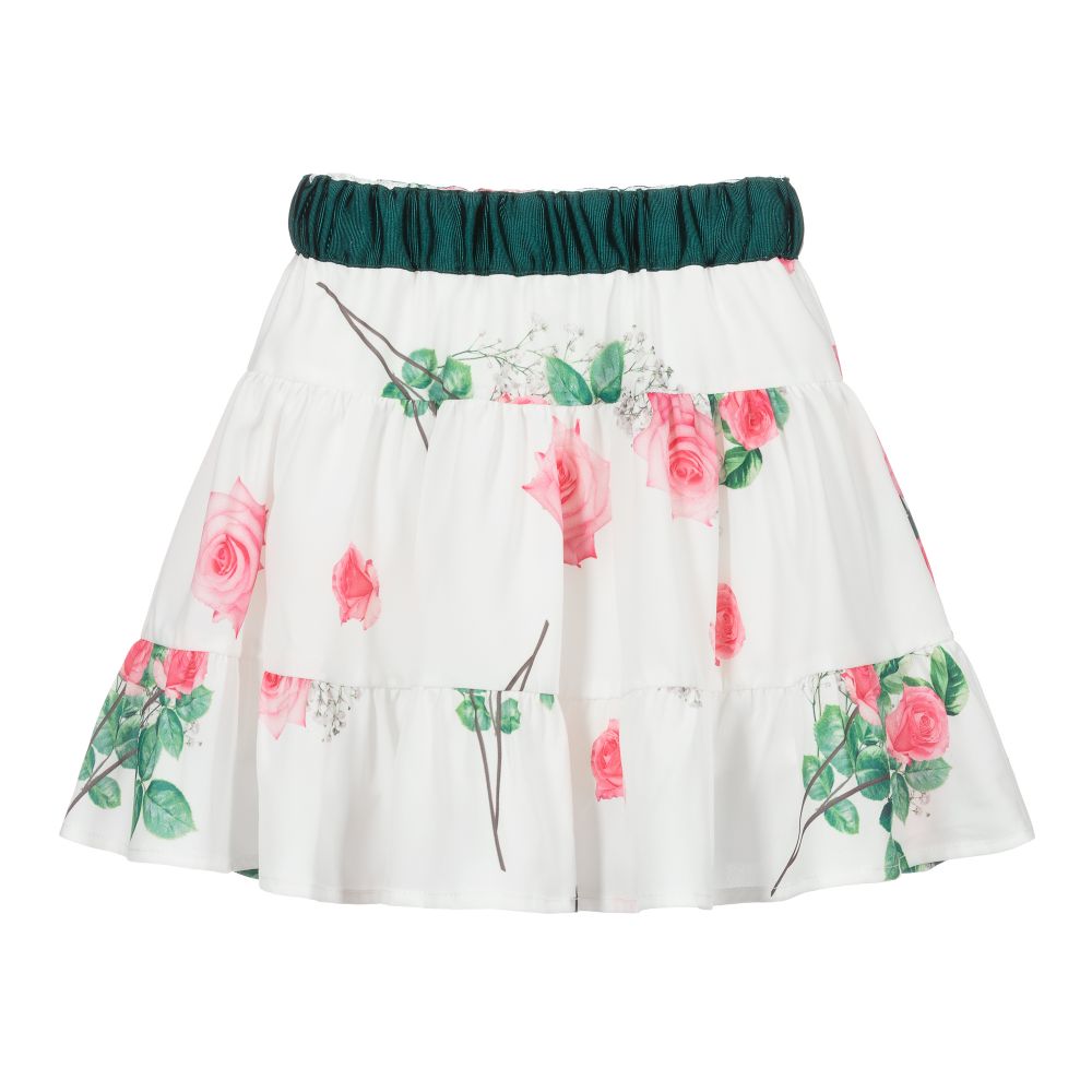 Piccola Speranza - White & Pink Rose Print Skirt | Childrensalon