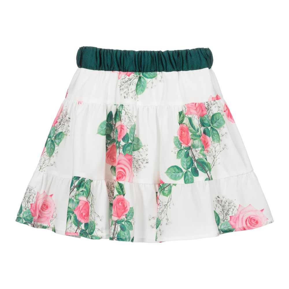 Piccola Speranza-White & Pink Rose Print Skirt | Childrensalon Outlet