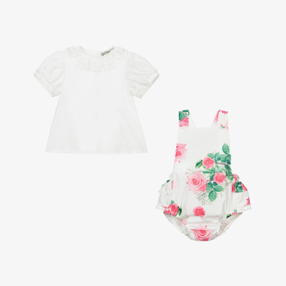 Piccola Speranza-طقم شورت كريب وبلوز قطن لون أبيض وزهري | Childrensalon Outlet