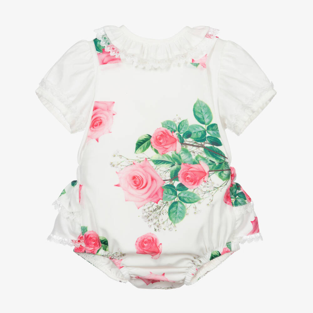 Piccola Speranza-طقم شورت كريب وبلوز قطن لون أبيض وزهري | Childrensalon Outlet