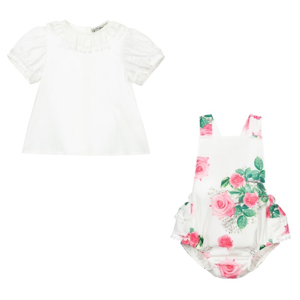 Piccola Speranza-White & Pink Roses Shorts Set | Childrensalon Outlet
