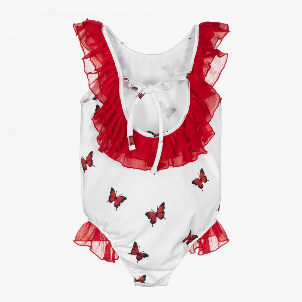 Piccola Speranza-White & Red Ruffle Swimsuit | Childrensalon Outlet