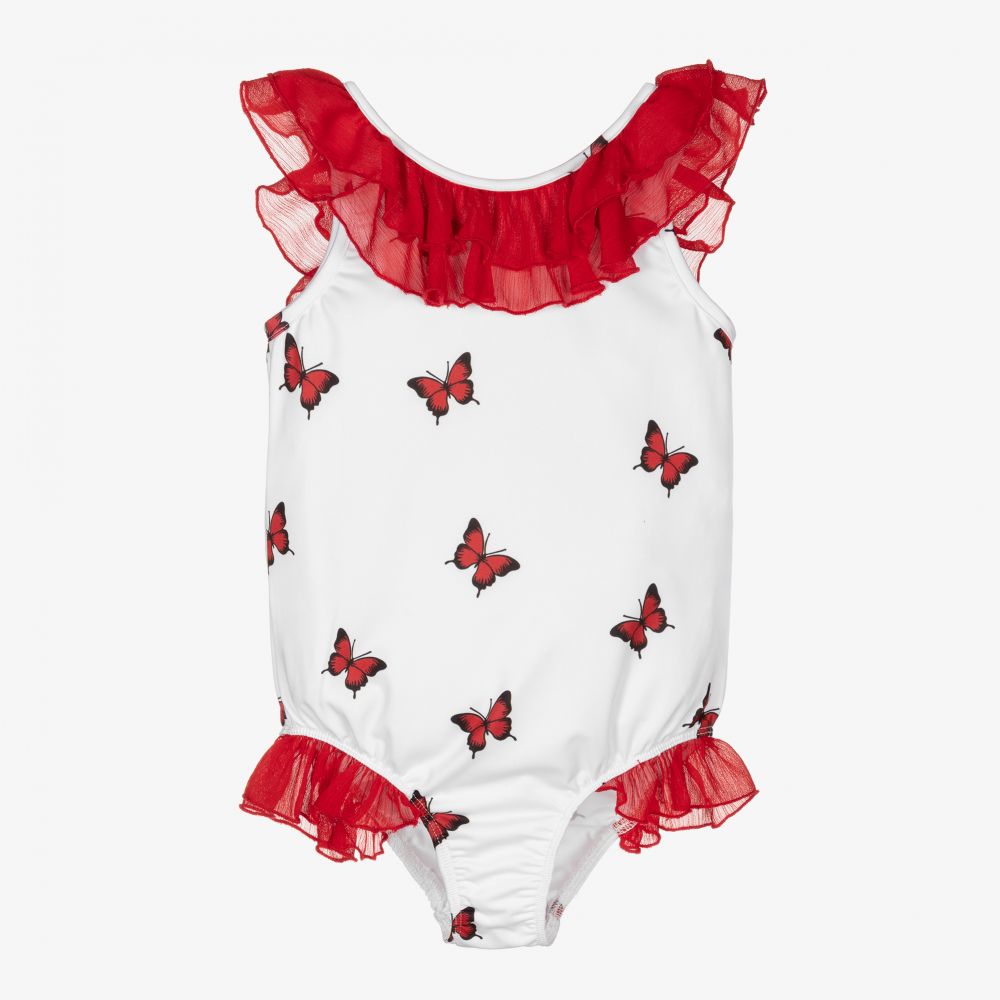 Piccola Speranza - White & Red Ruffle Swimsuit | Childrensalon