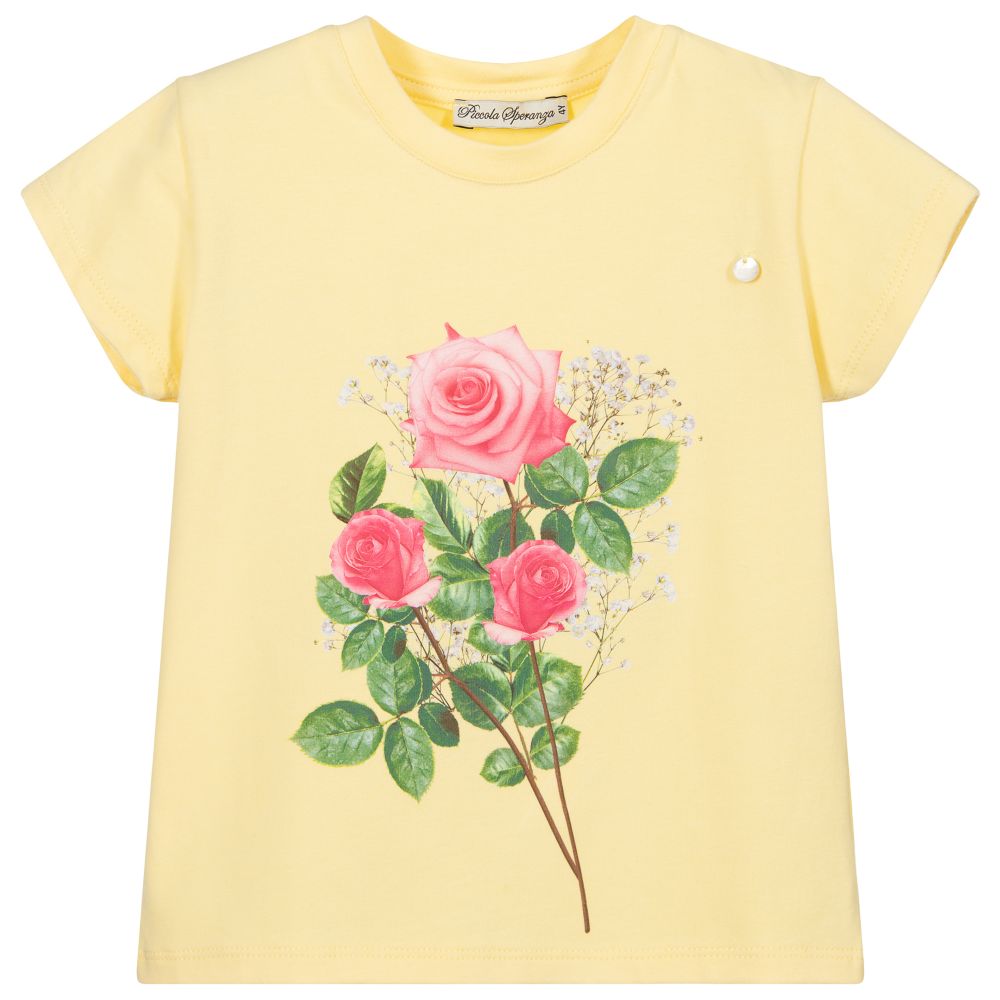 Piccola Speranza - T-shirt jaune en coton avec motif roses | Childrensalon