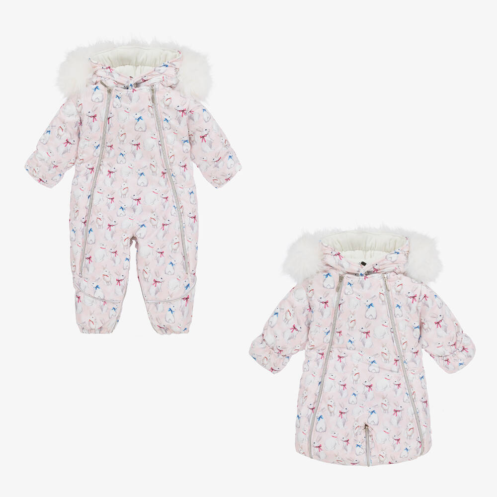 Pilguni - Baby Girls Pink & White Bunny Snowsuit | Childrensalon