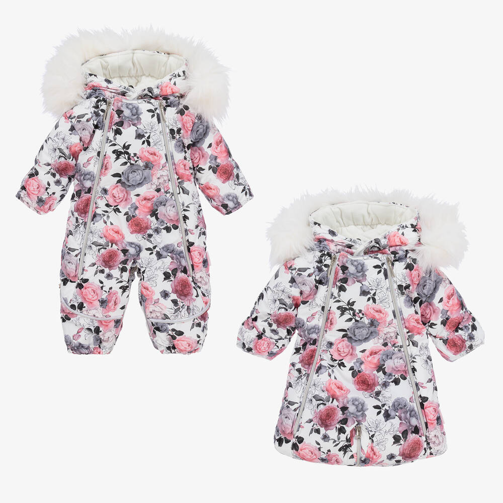 Pilguni - Baby Girls White & Pink Floral Snowsuit | Childrensalon