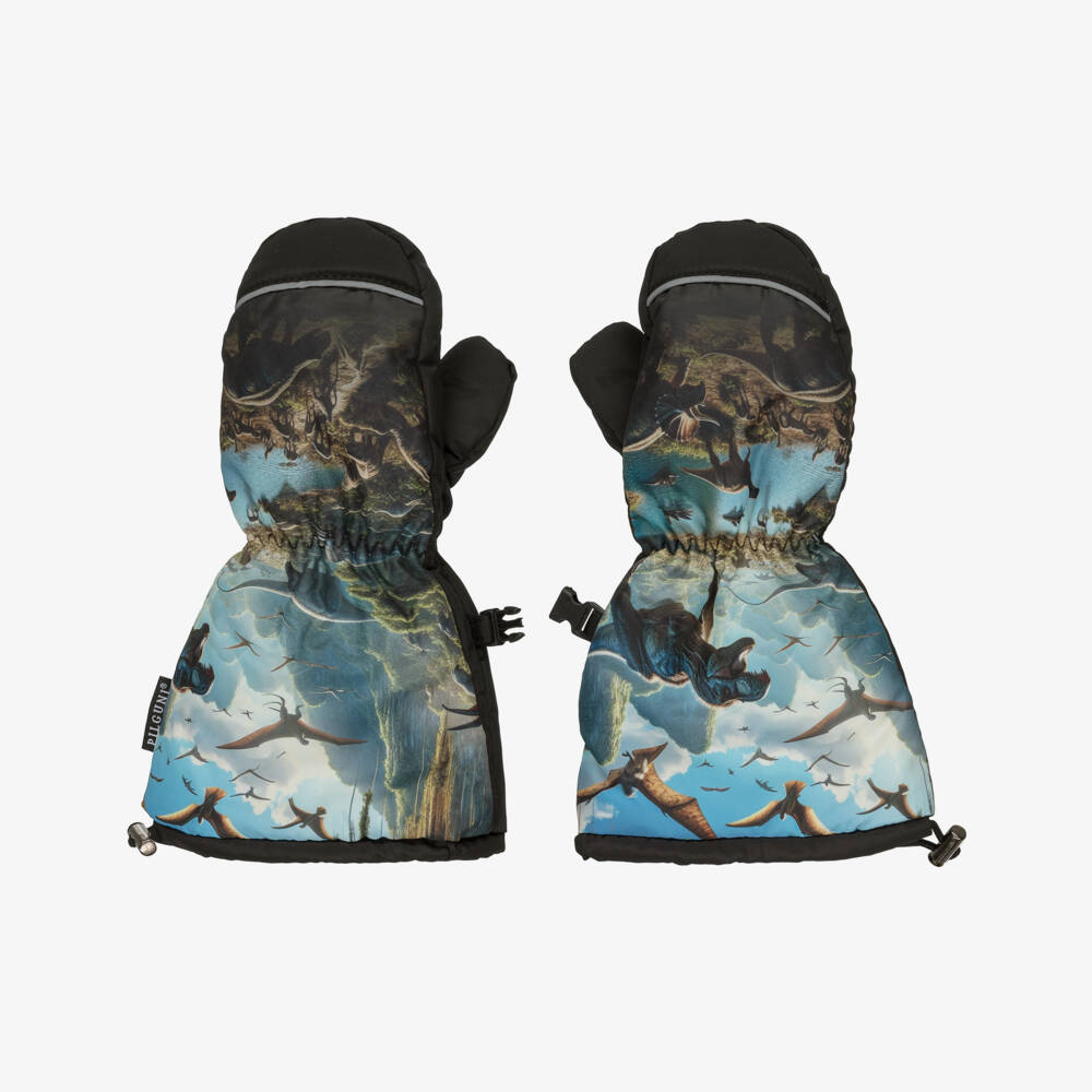 Pilguni-Boys Black & Blue Dinosaur Print Ski Mittens | Childrensalon Outlet
