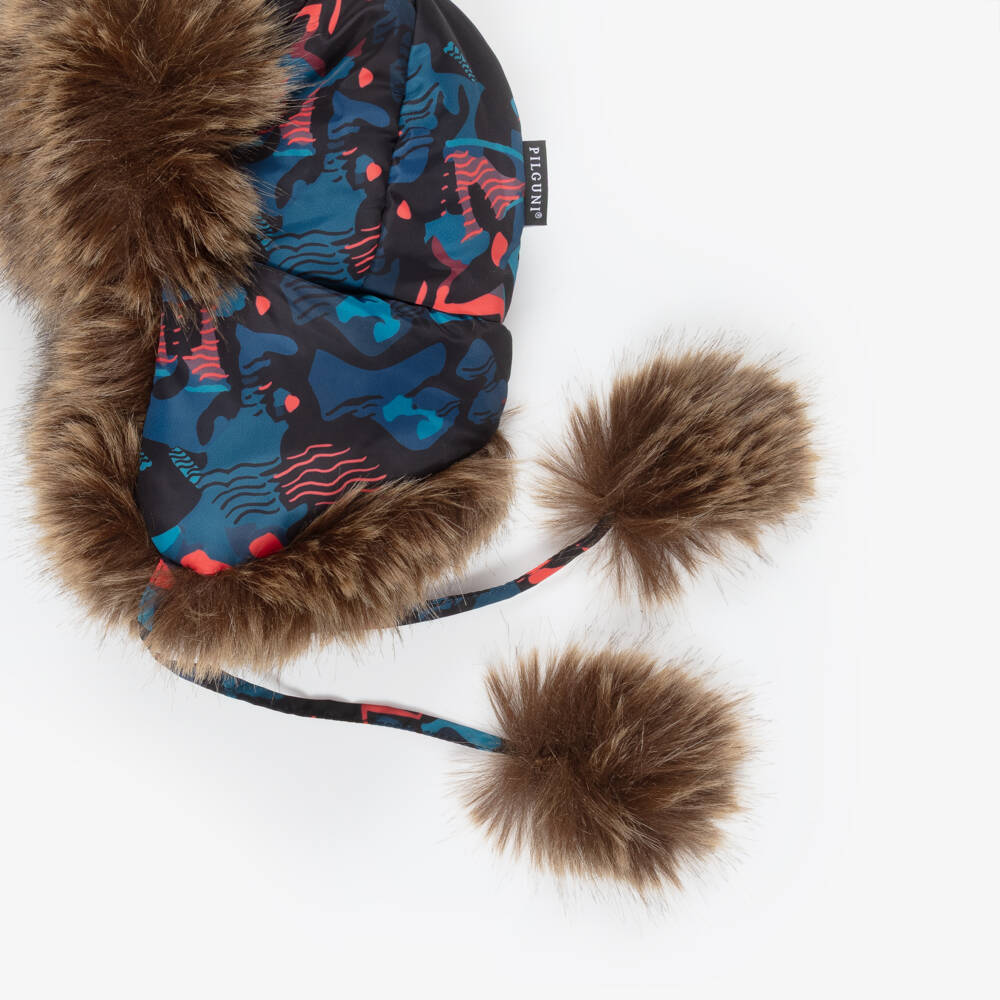 Pilguni-Boys Blue Graphic Print & Faux Fur Trapper Hat | Childrensalon Outlet