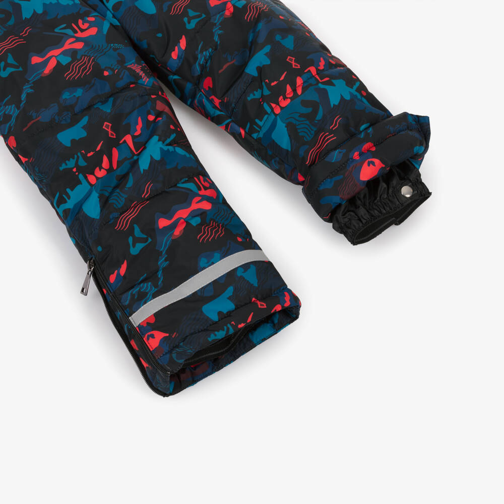 Pilguni-Boys Navy Blue Print Ski Salopettes with Logo Shoulder Straps | Childrensalon Outlet