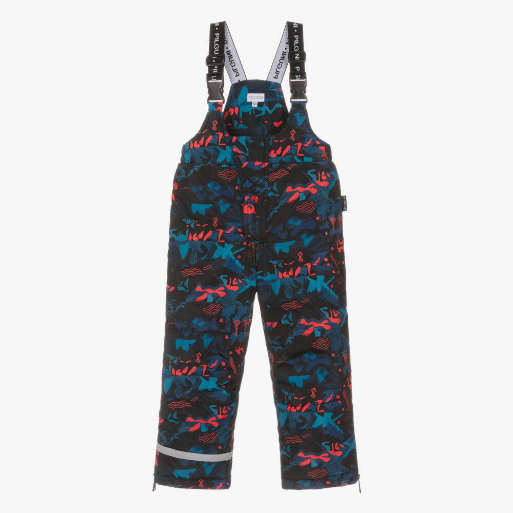 Pilguni-Boys Navy Blue Print Ski Salopettes with Logo Shoulder Straps | Childrensalon Outlet