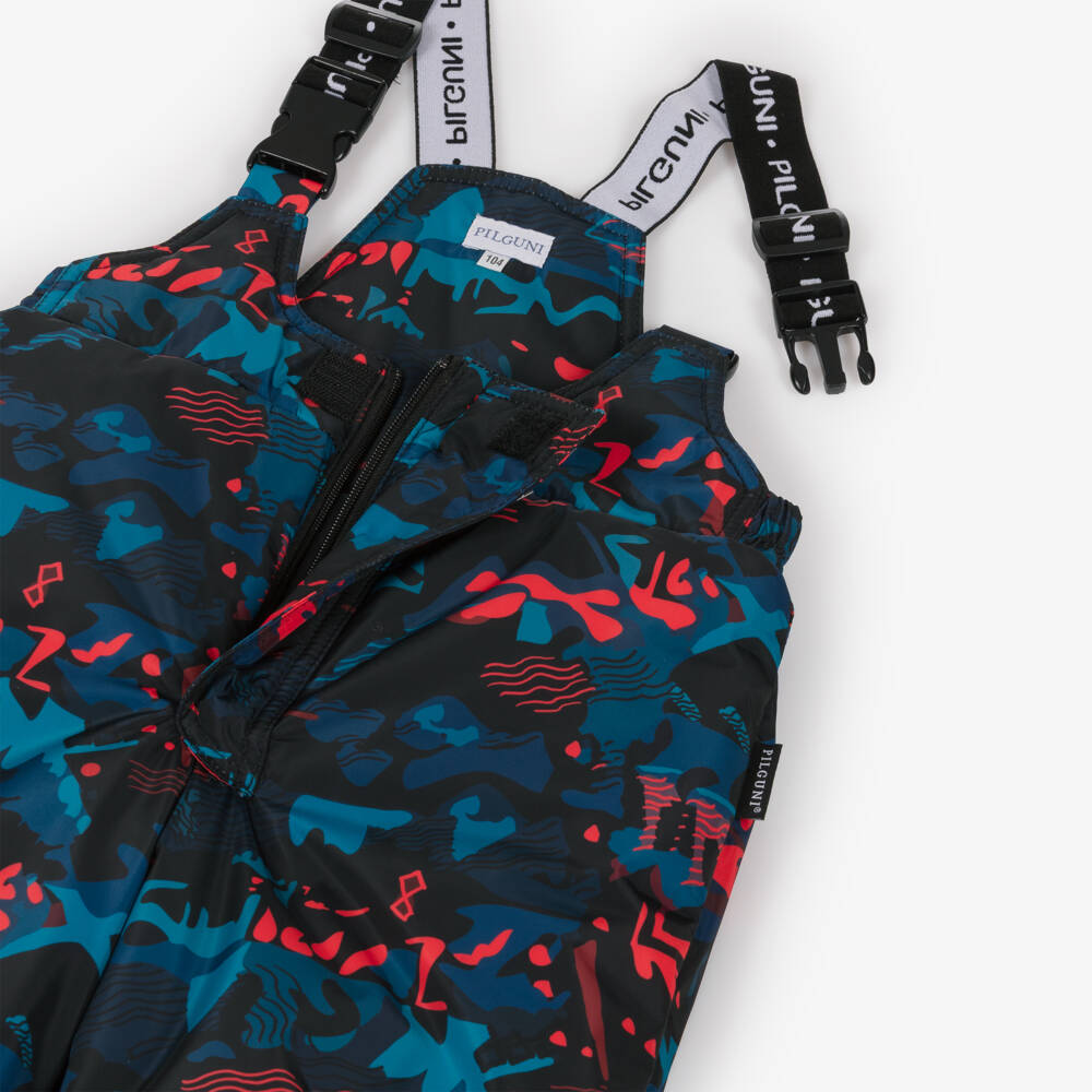 Pilguni-Boys Navy Blue Print Ski Salopettes with Logo Shoulder Straps | Childrensalon Outlet