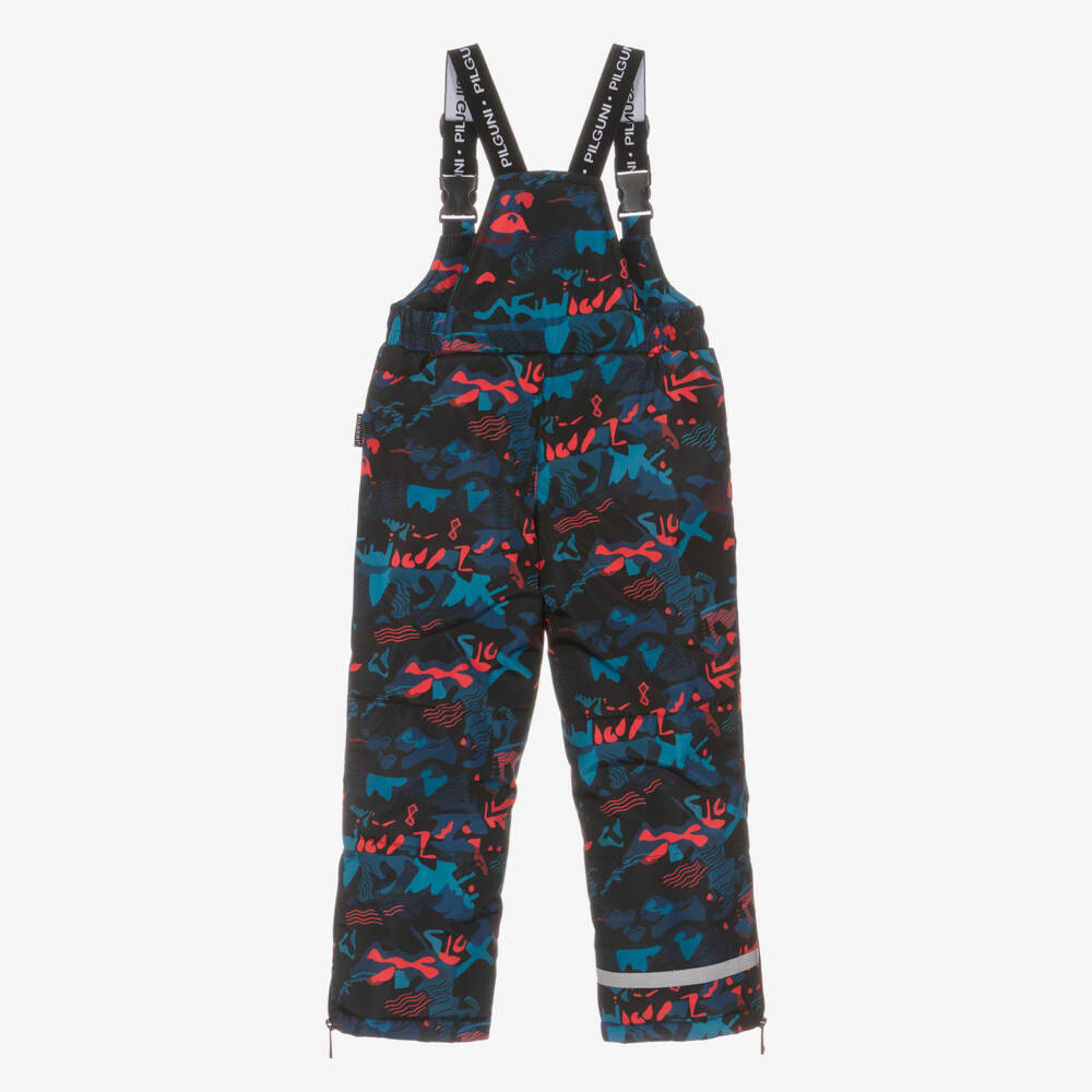 Pilguni-Boys Navy Blue Print Ski Salopettes with Logo Shoulder Straps | Childrensalon Outlet
