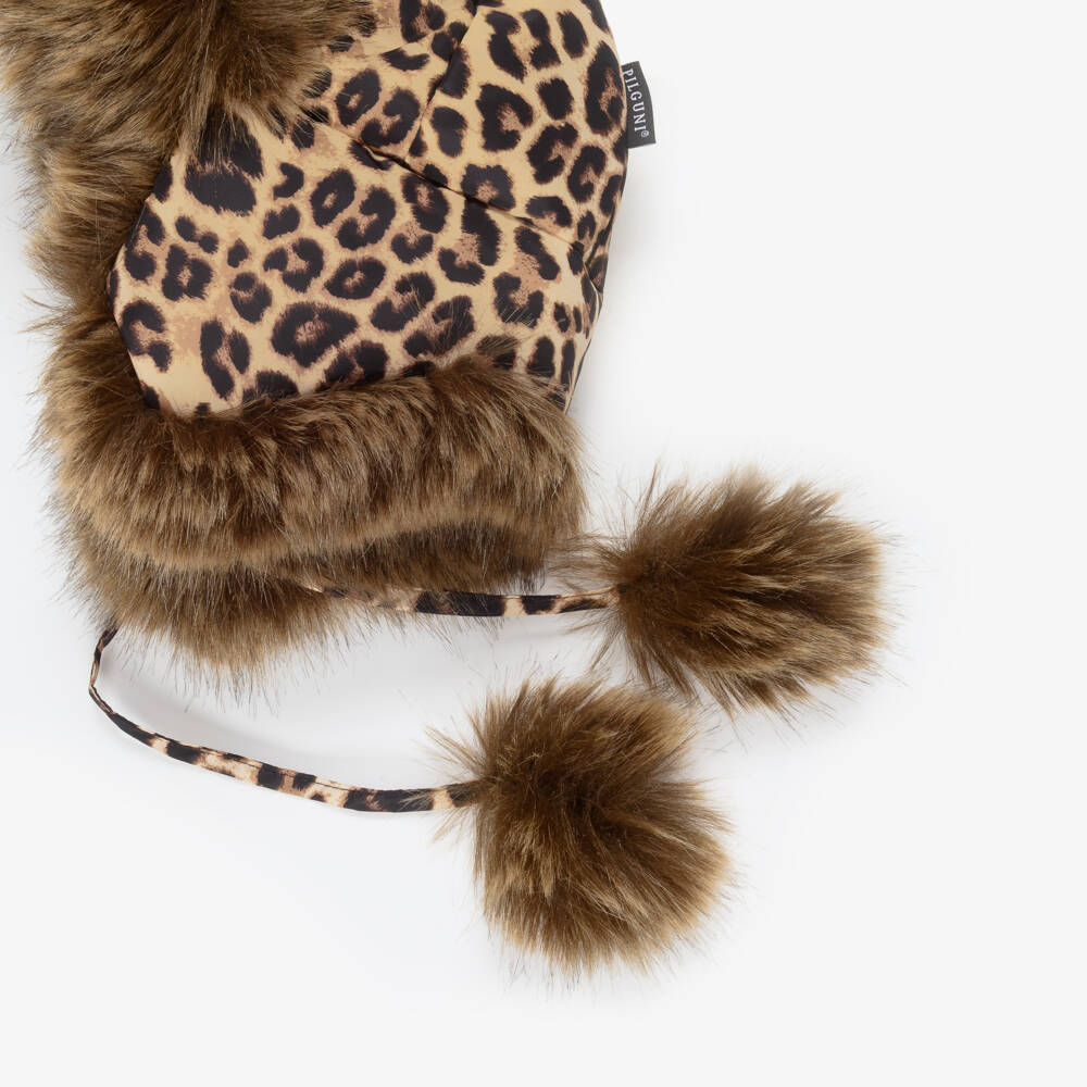 Pilguni-Girls Beige Leopard Print & Faux Fur Trapper Hat | Childrensalon Outlet