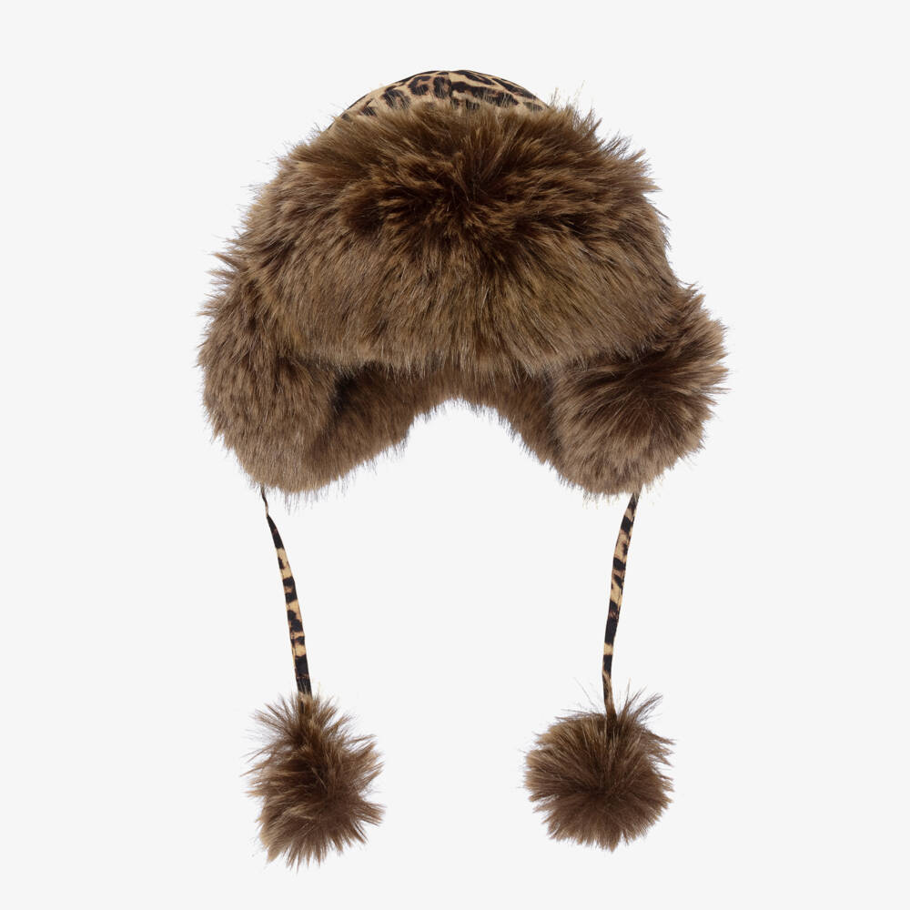 Pilguni-Girls Beige Leopard Print & Faux Fur Trapper Hat | Childrensalon Outlet
