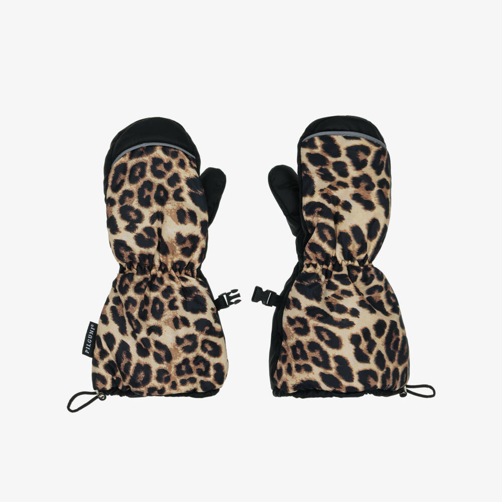 Pilguni-Girls Black & Beige Leopard Print Ski Mittens | Childrensalon Outlet