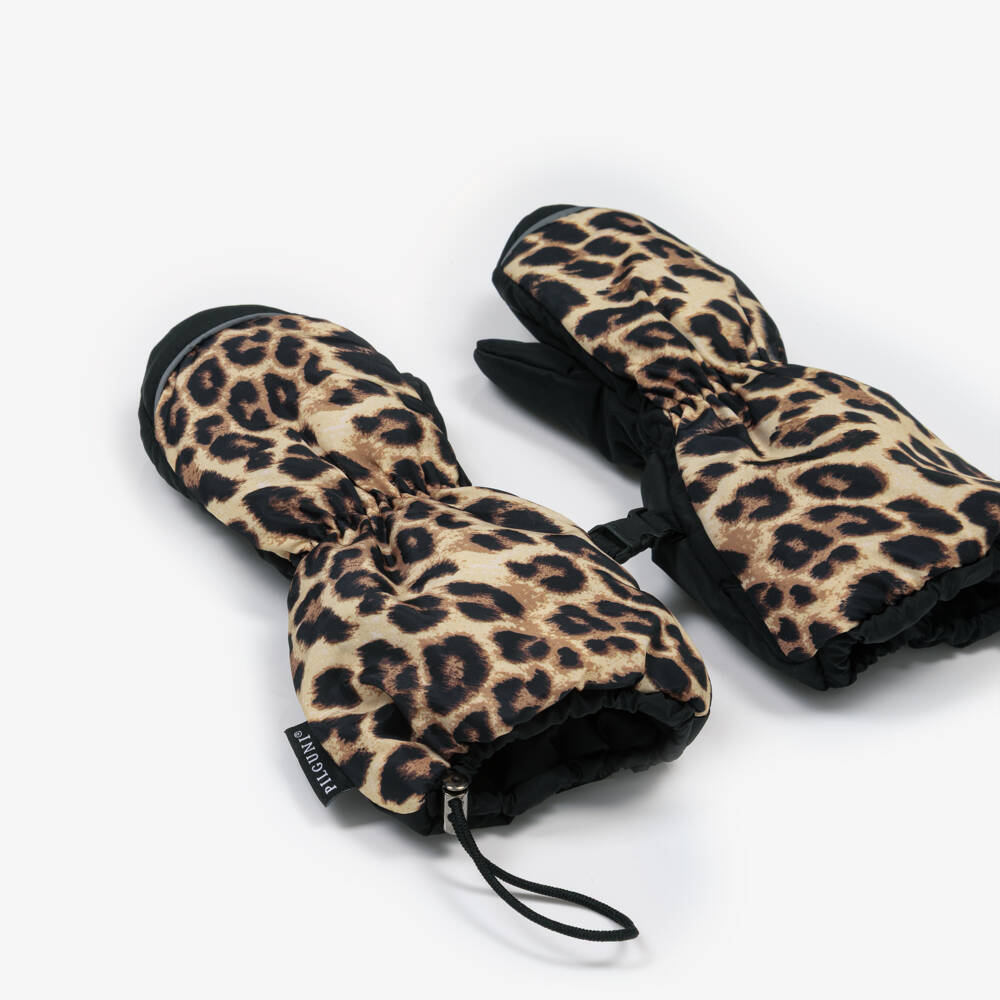 Pilguni-Girls Black & Beige Leopard Print Ski Mittens | Childrensalon Outlet