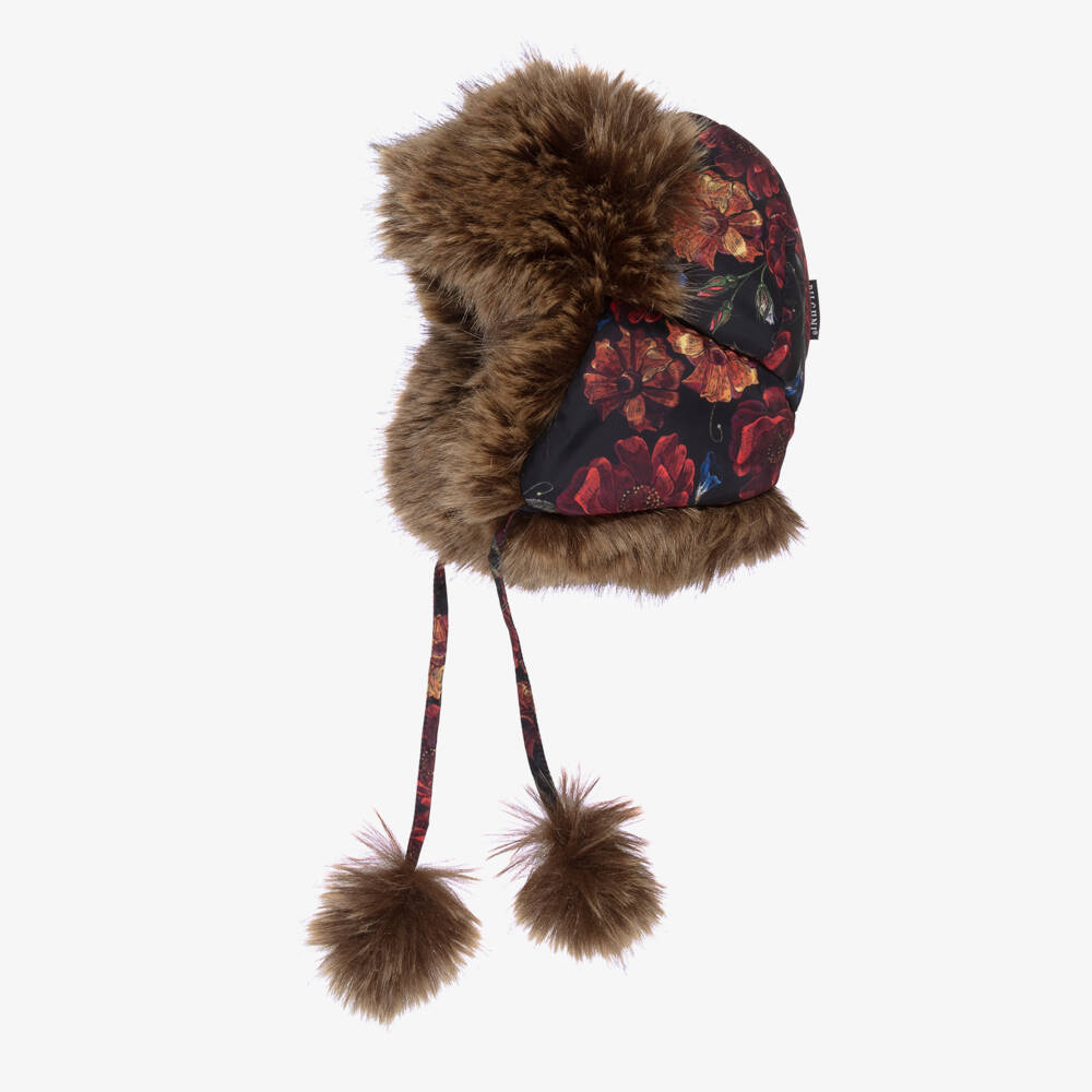 Pilguni-Girls Black Floral Print & Faux Fur Trapper Hat | Childrensalon Outlet