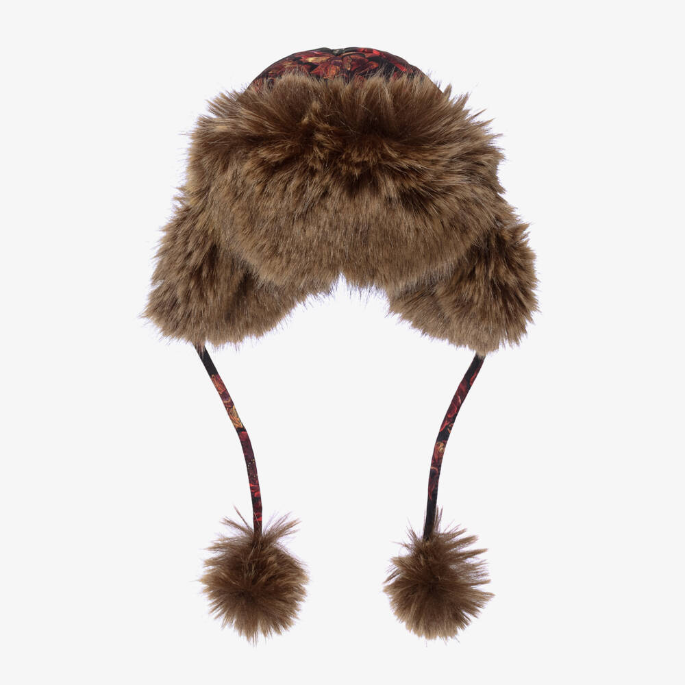 Pilguni-Girls Black Floral Print & Faux Fur Trapper Hat | Childrensalon Outlet