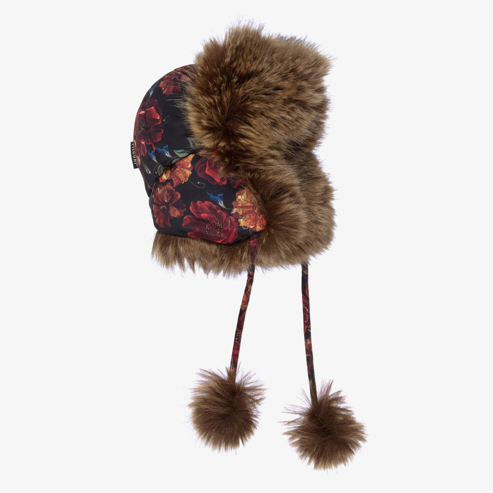 Pilguni-Girls Black Floral Print & Faux Fur Trapper Hat | Childrensalon Outlet