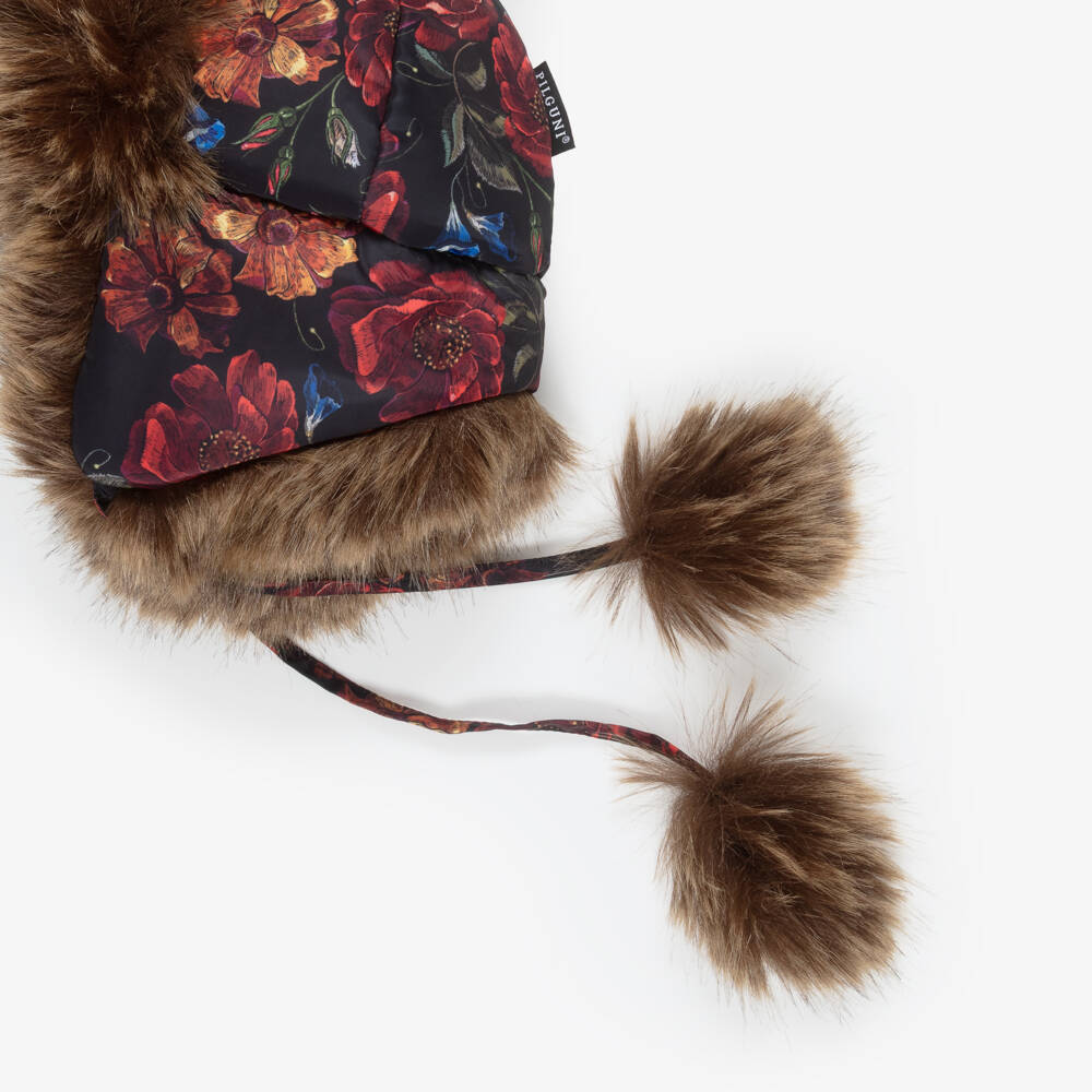Pilguni-Girls Black Floral Print & Faux Fur Trapper Hat | Childrensalon Outlet