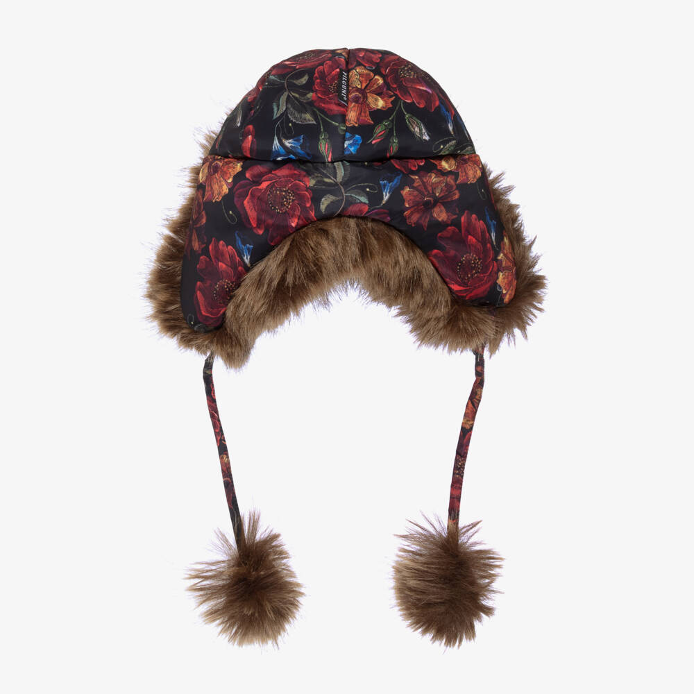 Pilguni-Girls Black Floral Print & Faux Fur Trapper Hat | Childrensalon Outlet