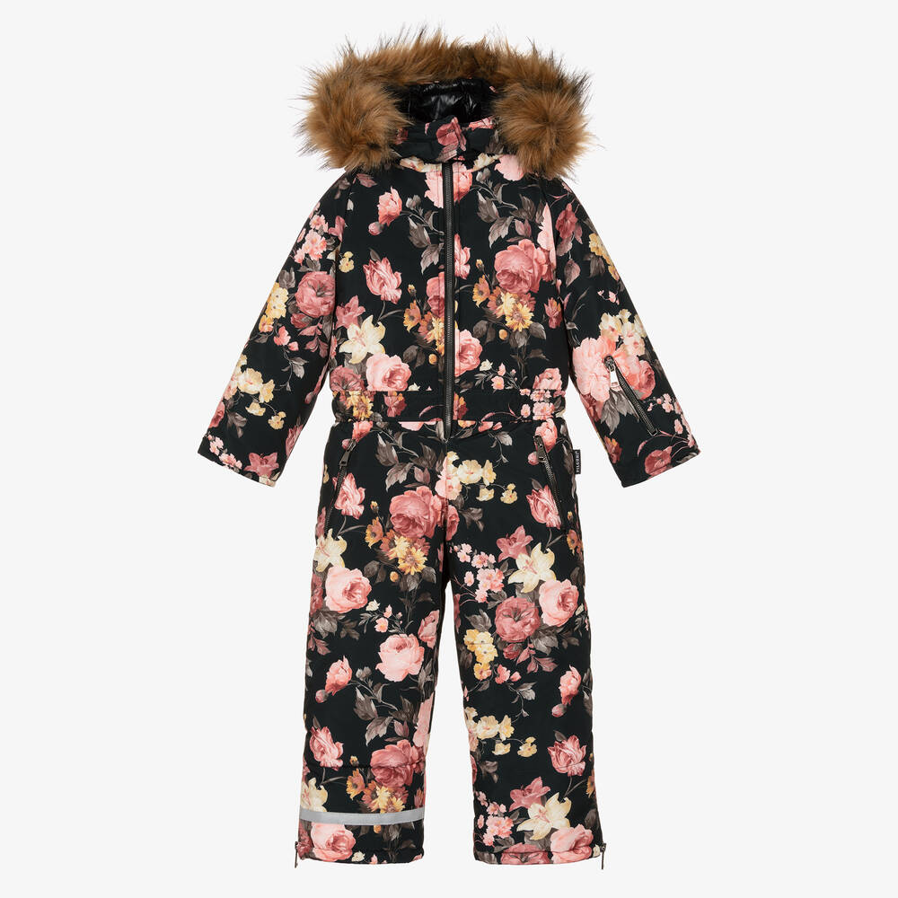 Pilguni - Girls Black Floral Snowsuit | Childrensalon