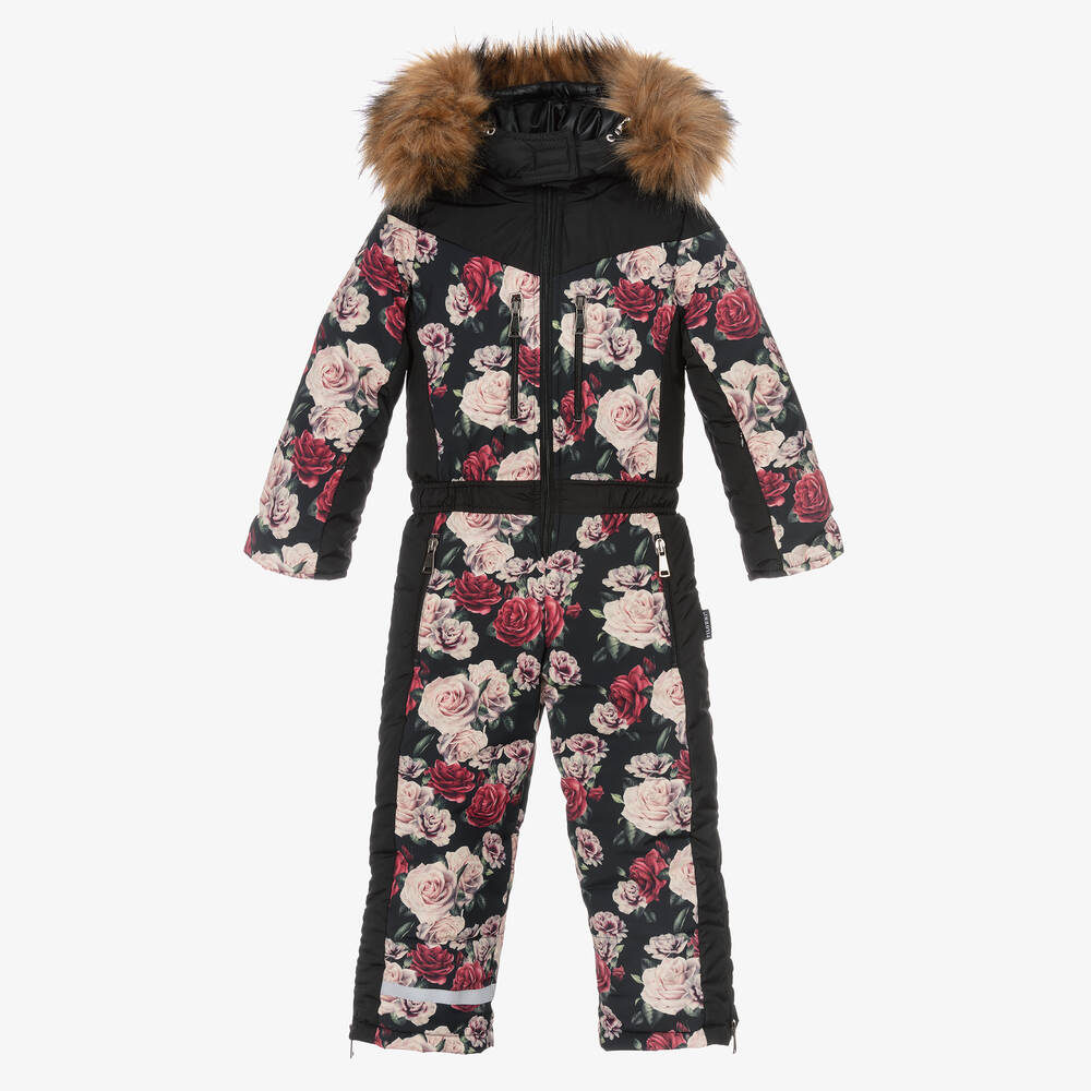 Pilguni - Girls Black Floral Snowsuit | Childrensalon