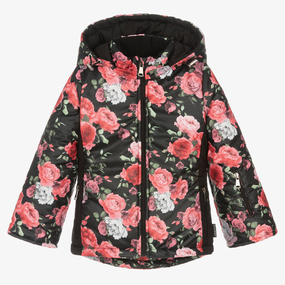 Pilguni - Черная лыжная куртка с розовыми цветами | Childrensalon