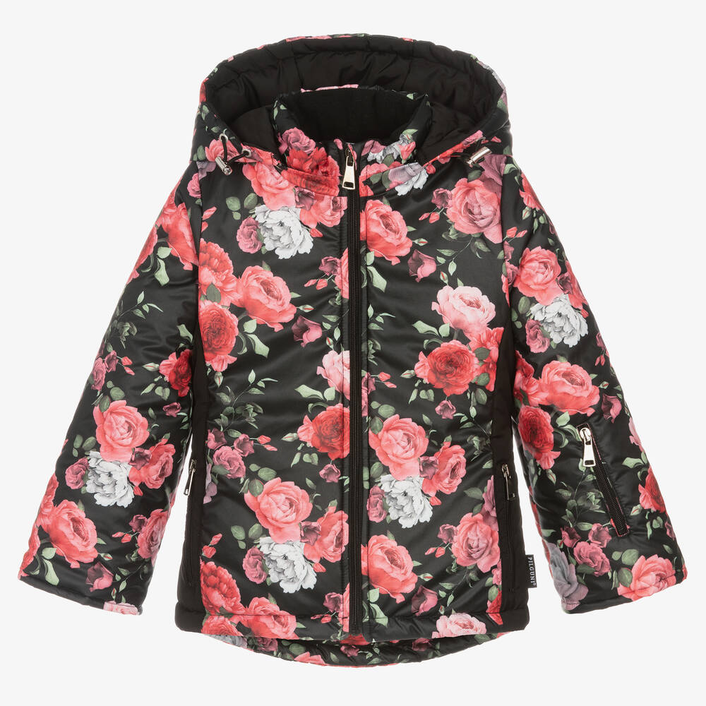 Pilguni - Veste de ski noire et rose à fleurs | Childrensalon